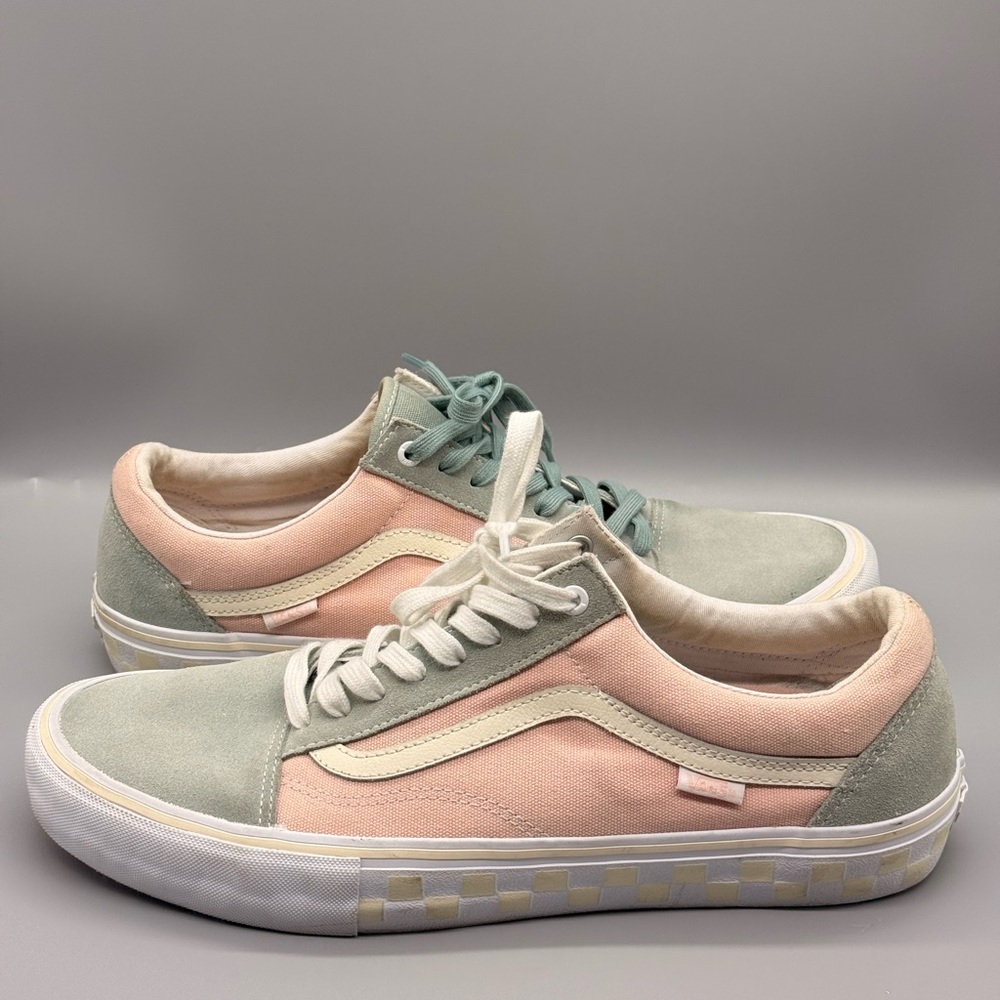 Vans Old Skool Pro "Washout" sneaker in a pastel pink and blue/green colorway